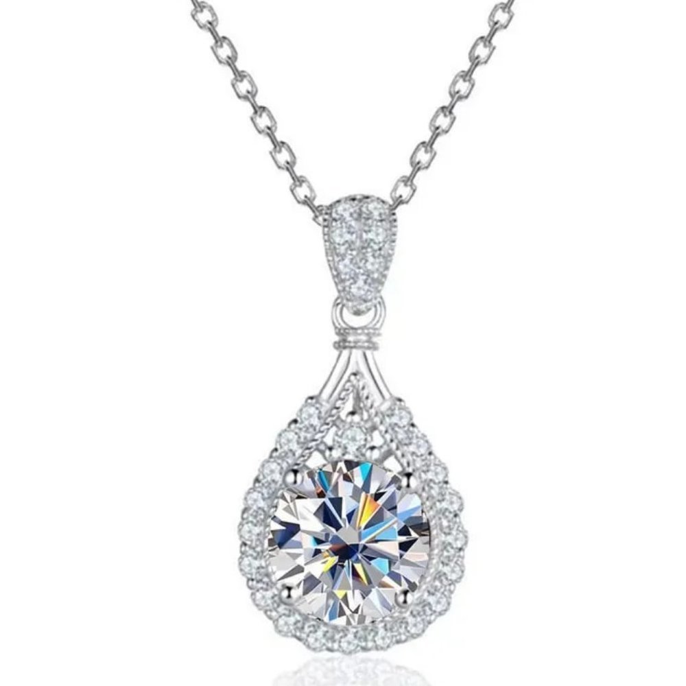 Certified 5ct. t.w. Moissanite Diamond Teardrop Halo Necklace NEW - Picture 7 of 13